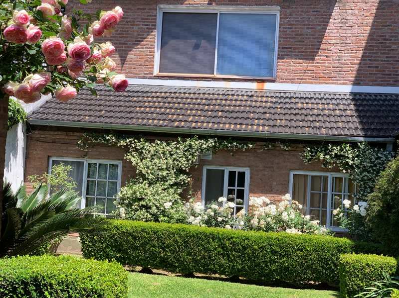Fachada con rosas rosas